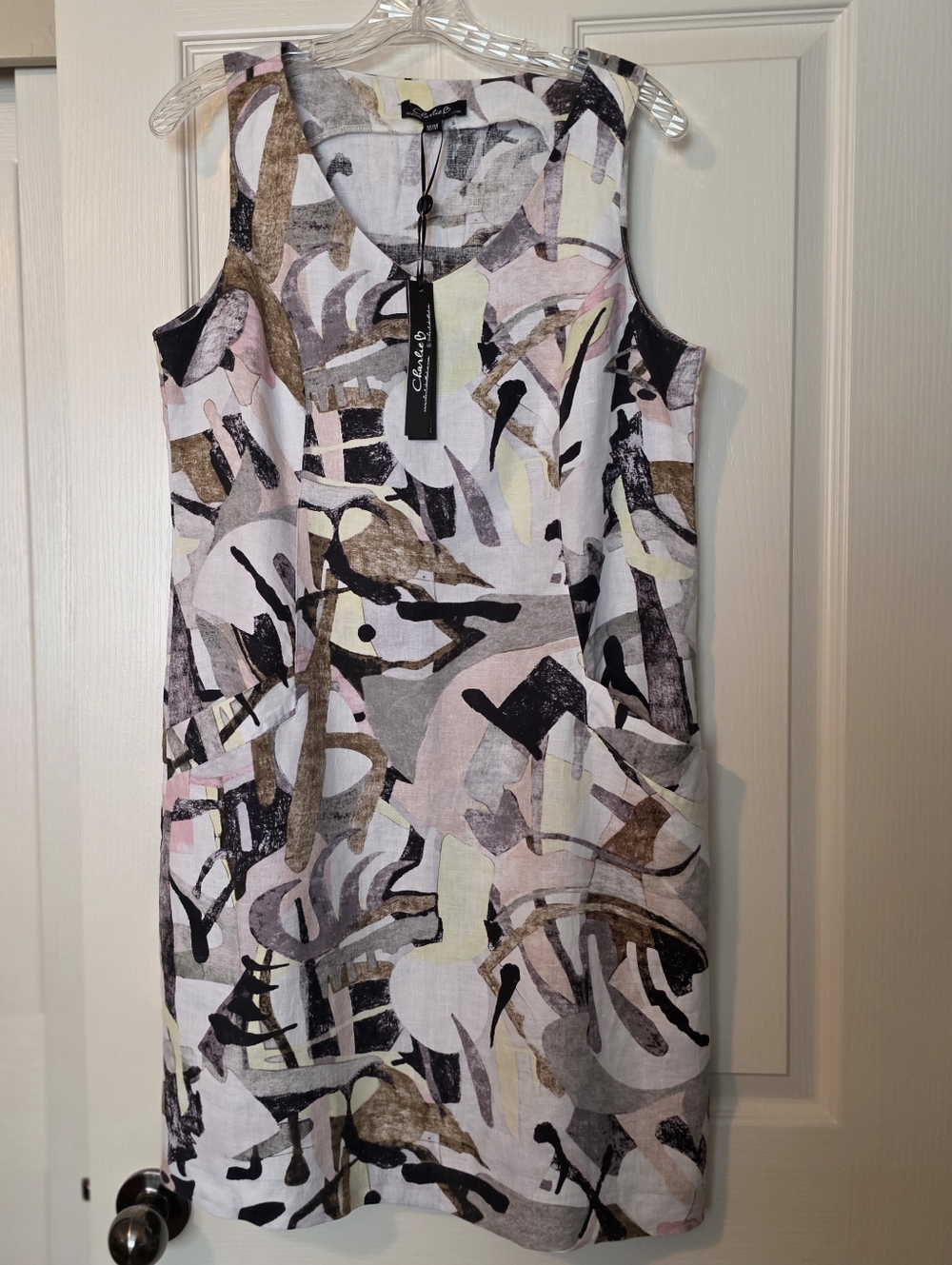 CHARLIE B Sleeveless Abstract Print Dress Multi-colored 100% Linen Sz M